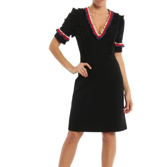 Gucci Black Sylvie-Web Ruffle-Detail Short Dress - Picture 1 of 13